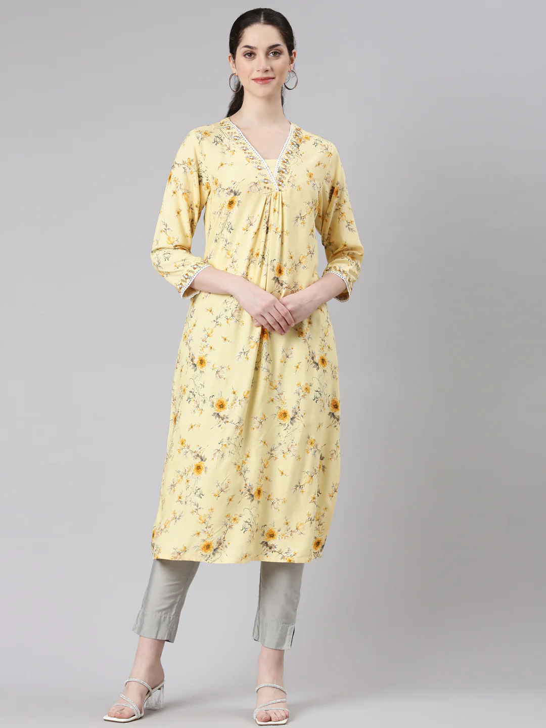 Neerus Yellow Straight Casual Floral Panelled Kurta