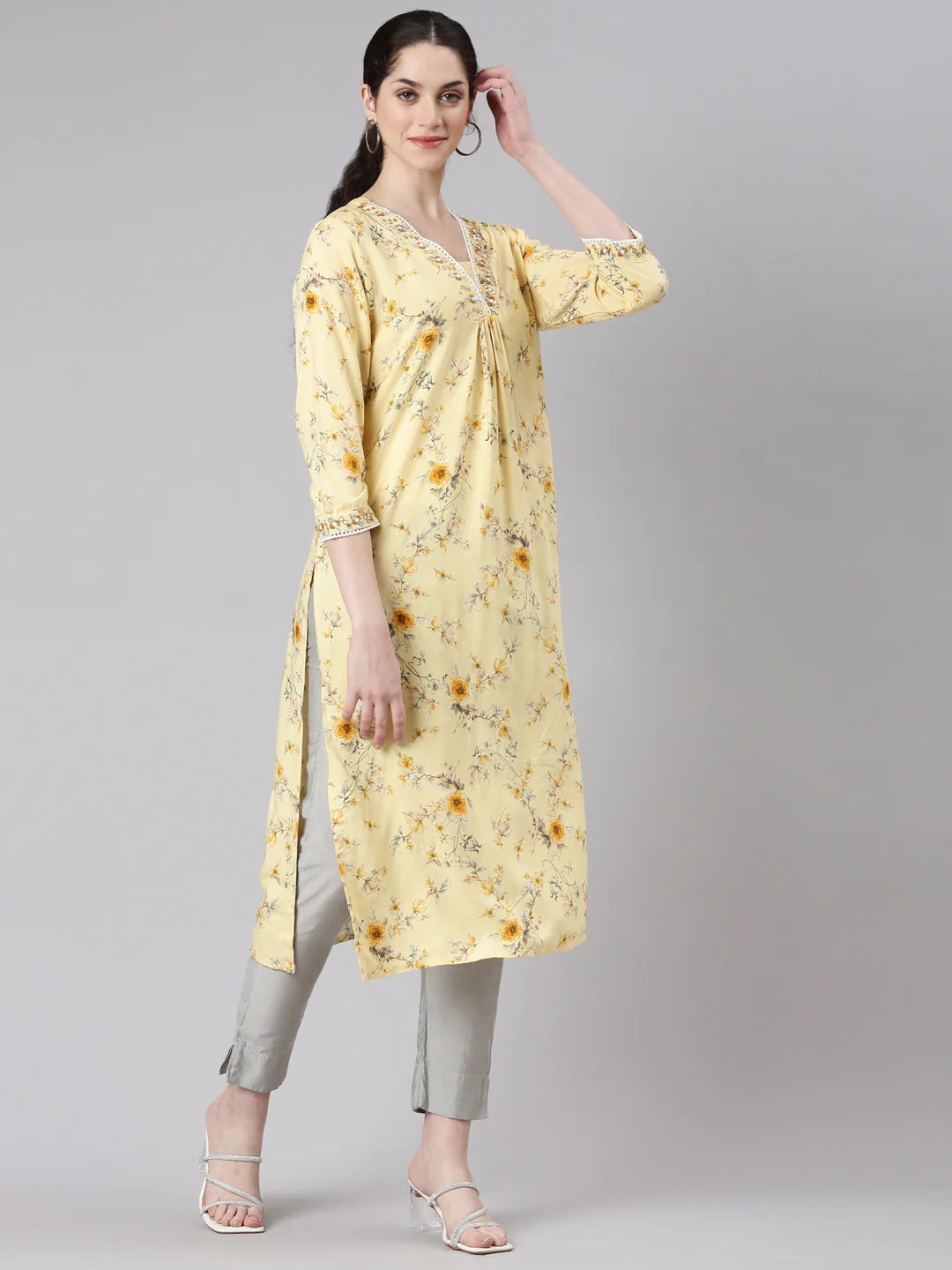 Neerus Yellow Straight Casual Floral Panelled Kurta - Image 2