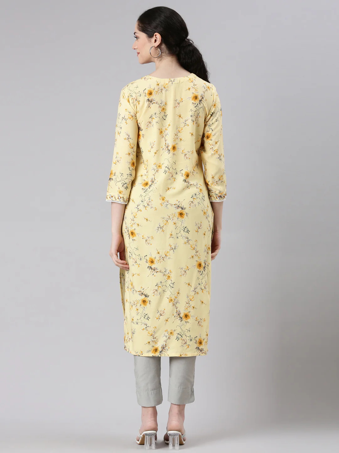 Neerus Yellow Straight Casual Floral Panelled Kurta - Image 3