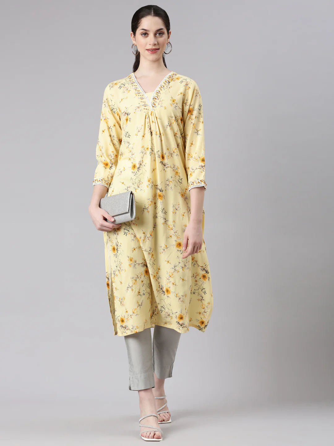 Neerus Yellow Straight Casual Floral Panelled Kurta - Image 5