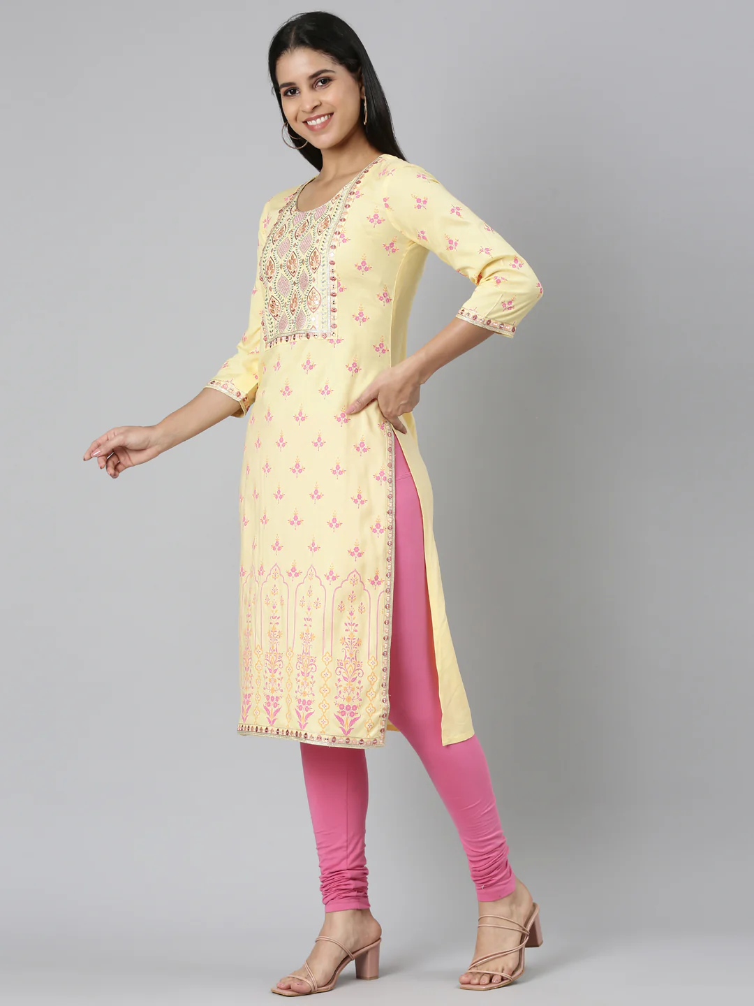 Neerus Yellow Straight Casual Floral Straight Kurta - Image 2
