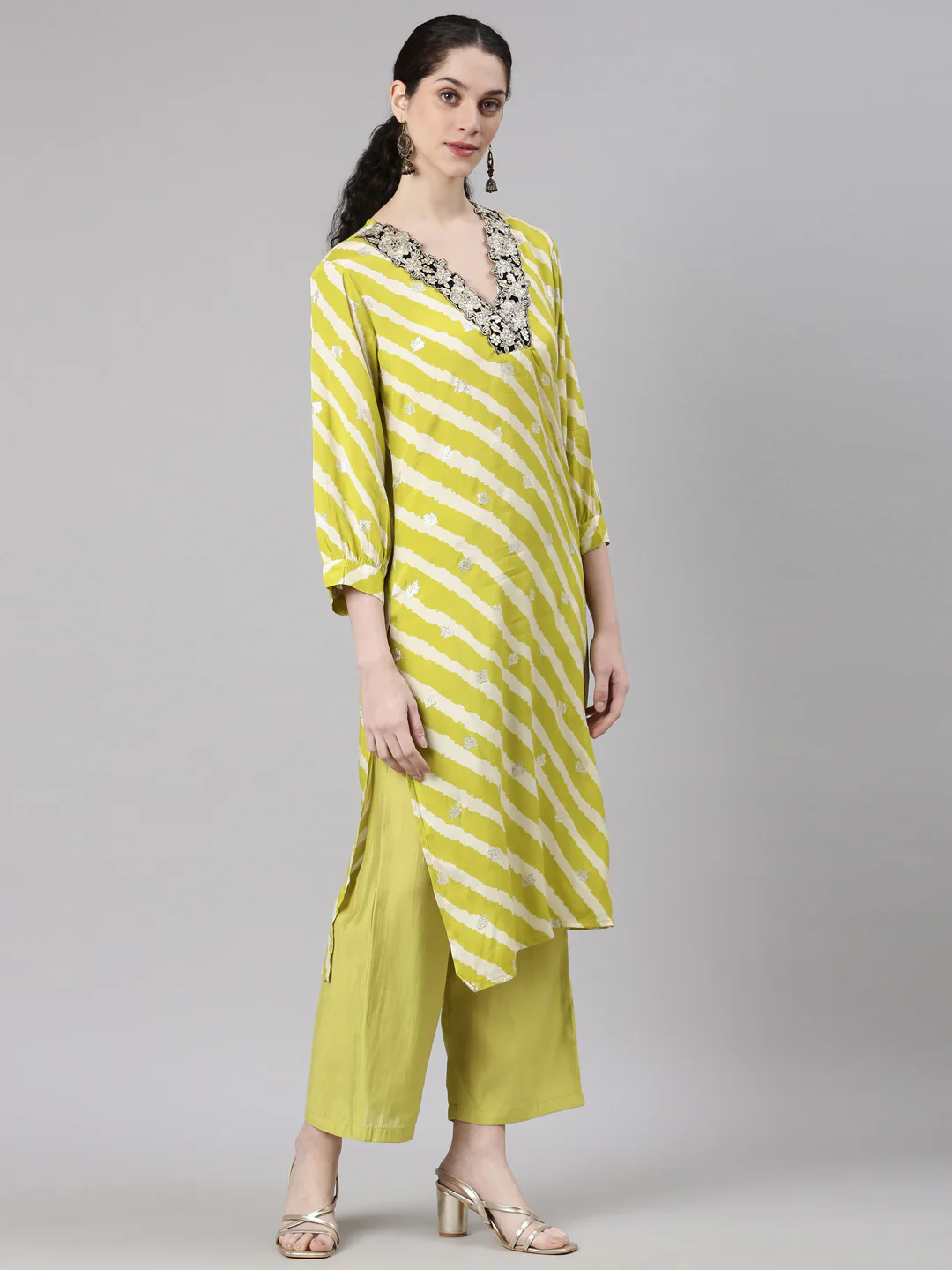 Neerus Yellow Straight Casual Leheriya Kurta and Plazzo - Image 3