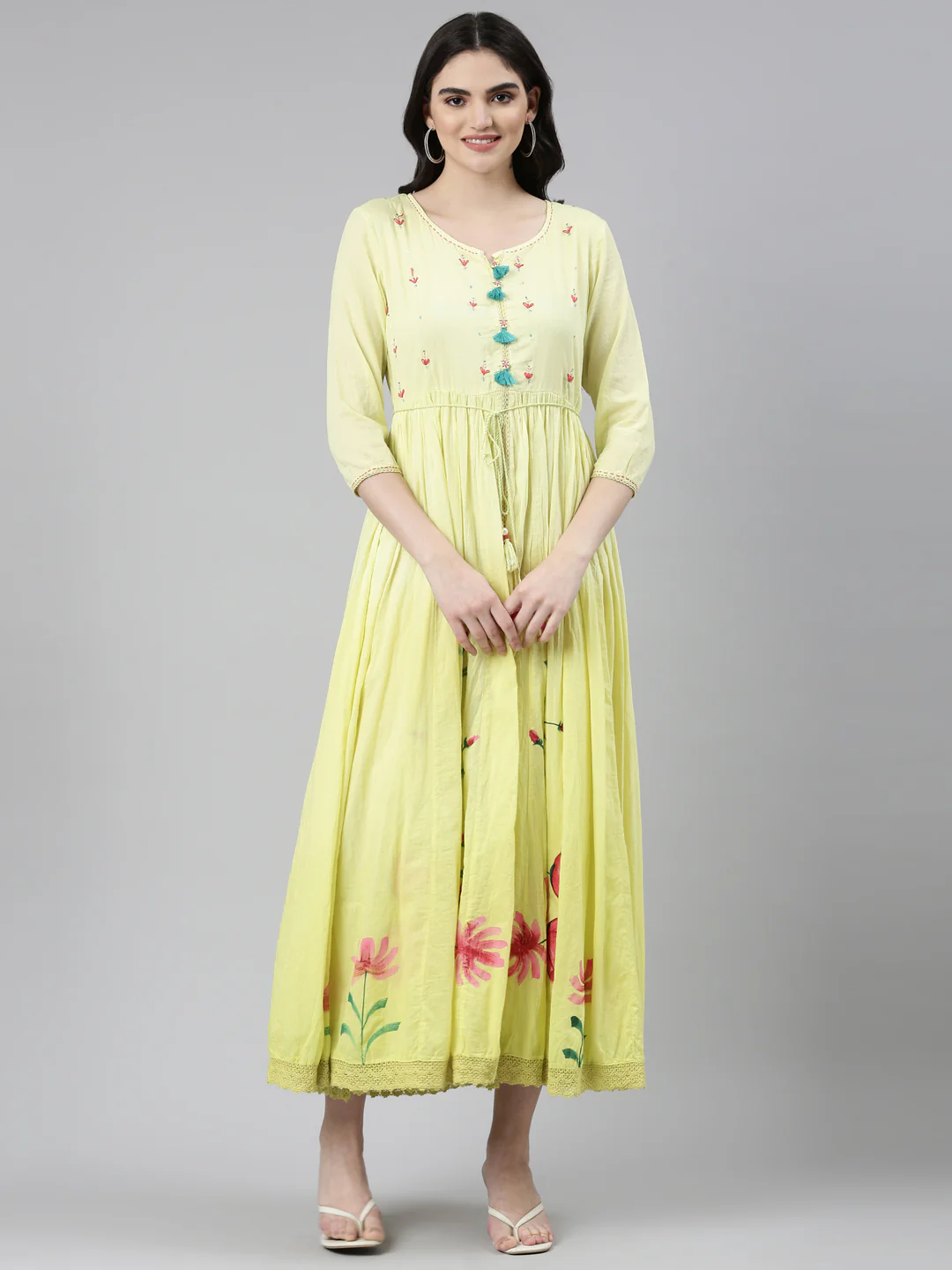 Neerus Yellow Straight Casual Printed Dress