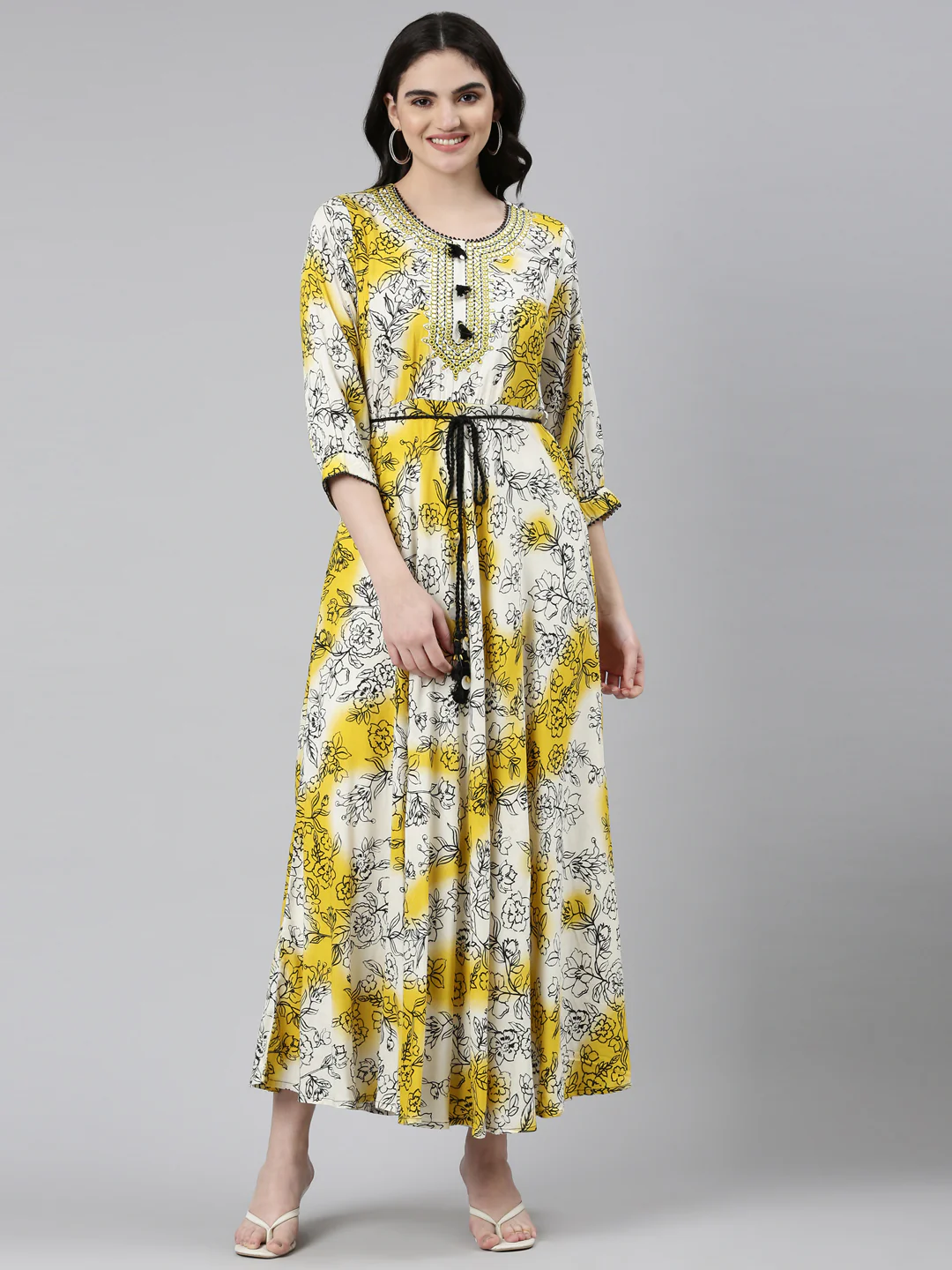 Neerus Yellow Straight Casual Printed Dress
