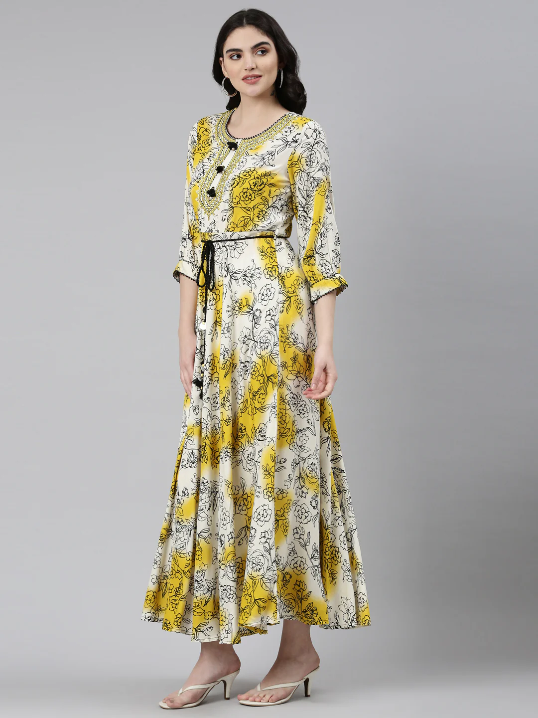 Neerus Yellow Straight Casual Printed Dress - Image 2