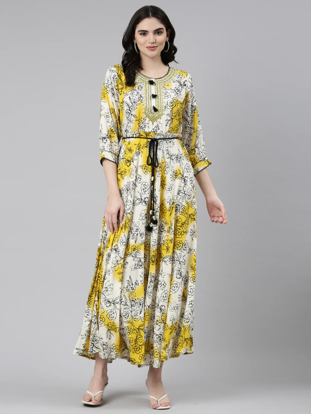 Neerus Yellow Straight Casual Printed Dress - Image 5
