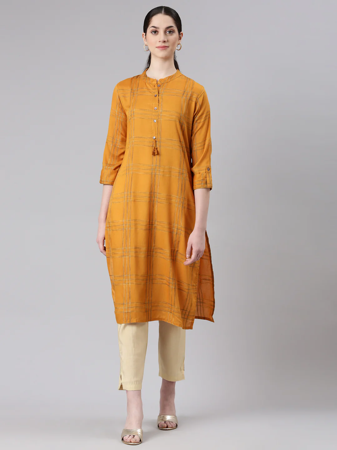 Neerus Yellow Straight Casual Striped Kurta