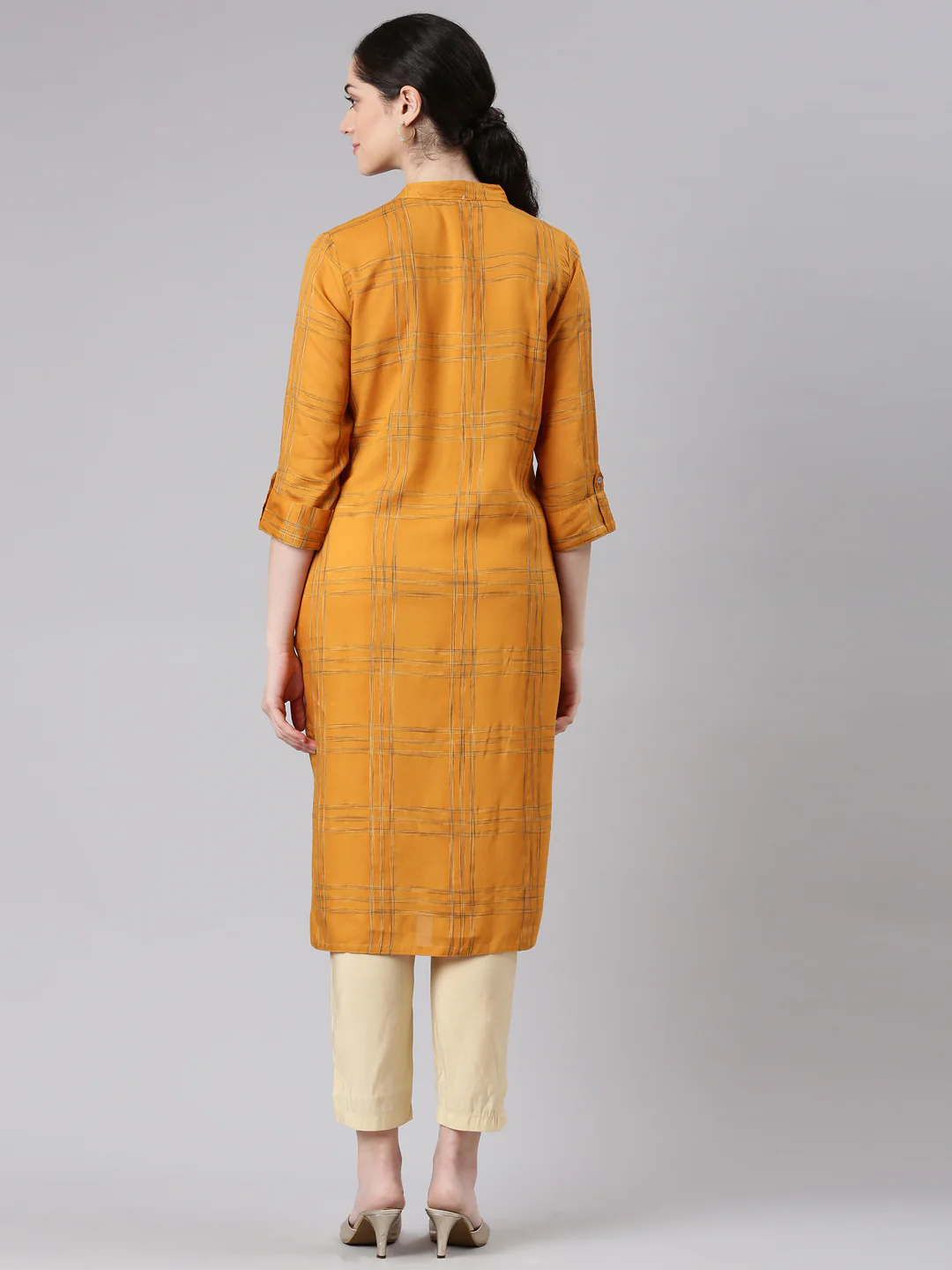 Neerus Yellow Straight Casual Striped Kurta - Image 3