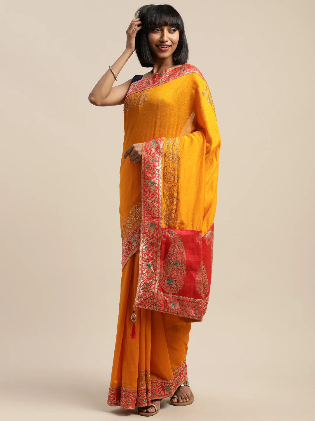 Neerus Yellow Textured Saree With Blouse - Image 8