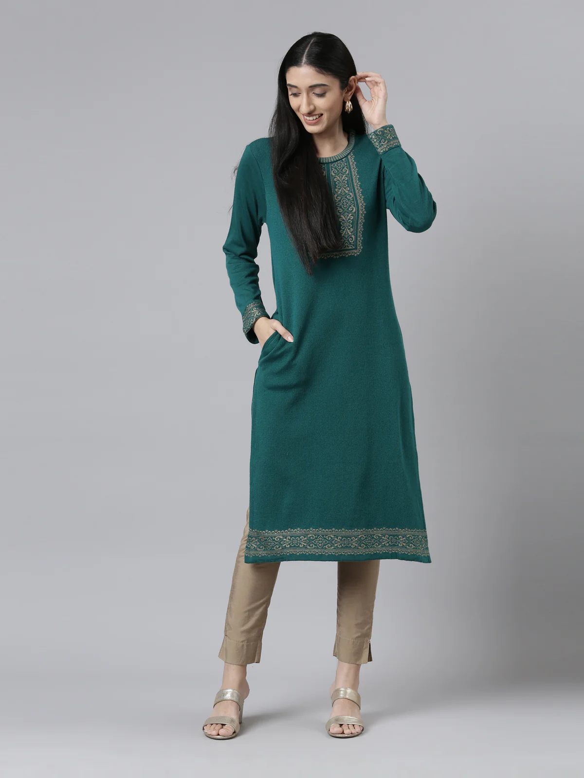 Neerus Yoke Design Straight Fit Calf Length Acrylic Kurta - Image 5