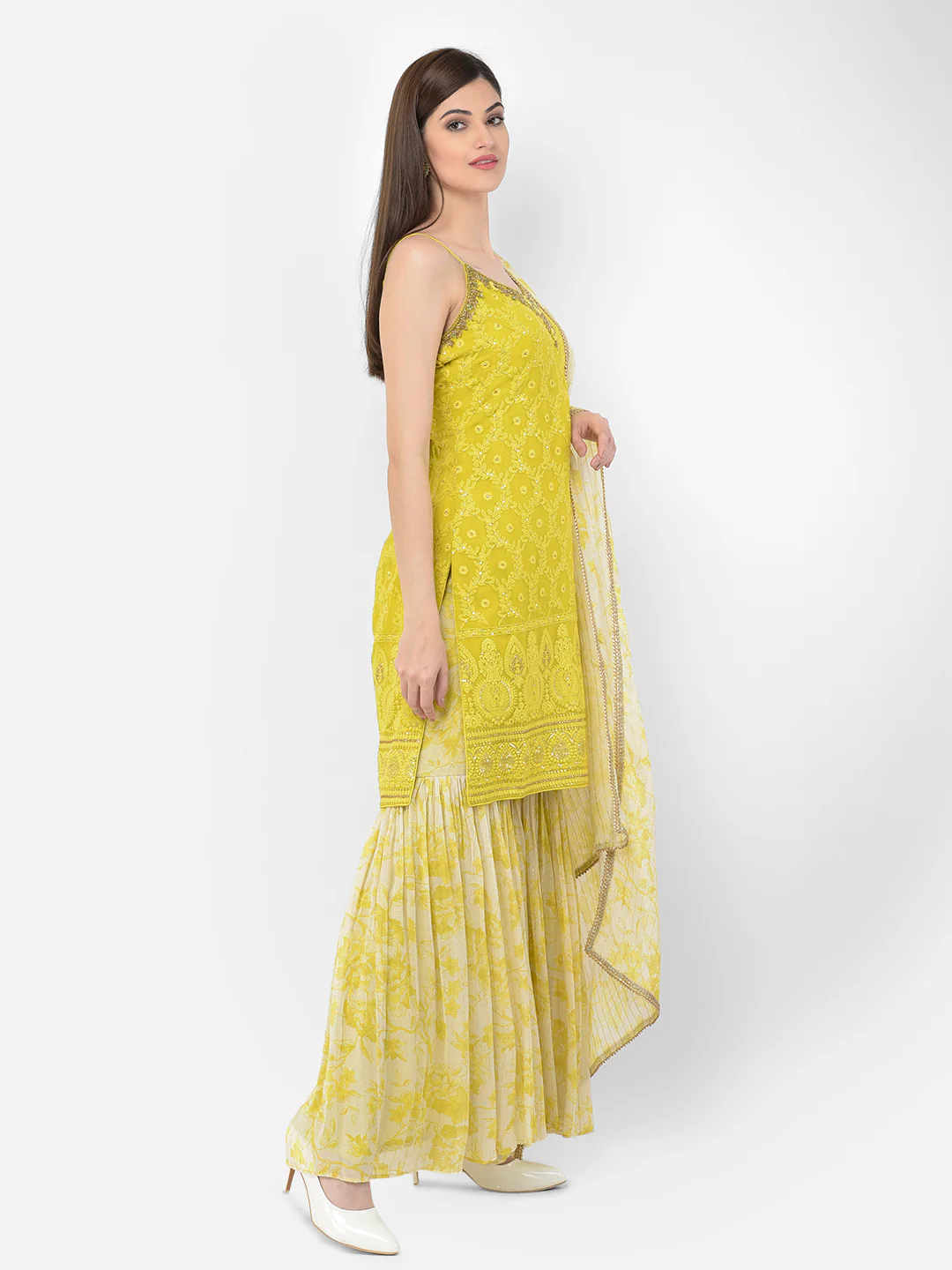 Neerus'S Lime Color Georgette Fabric Suit-Gharara - Image 3