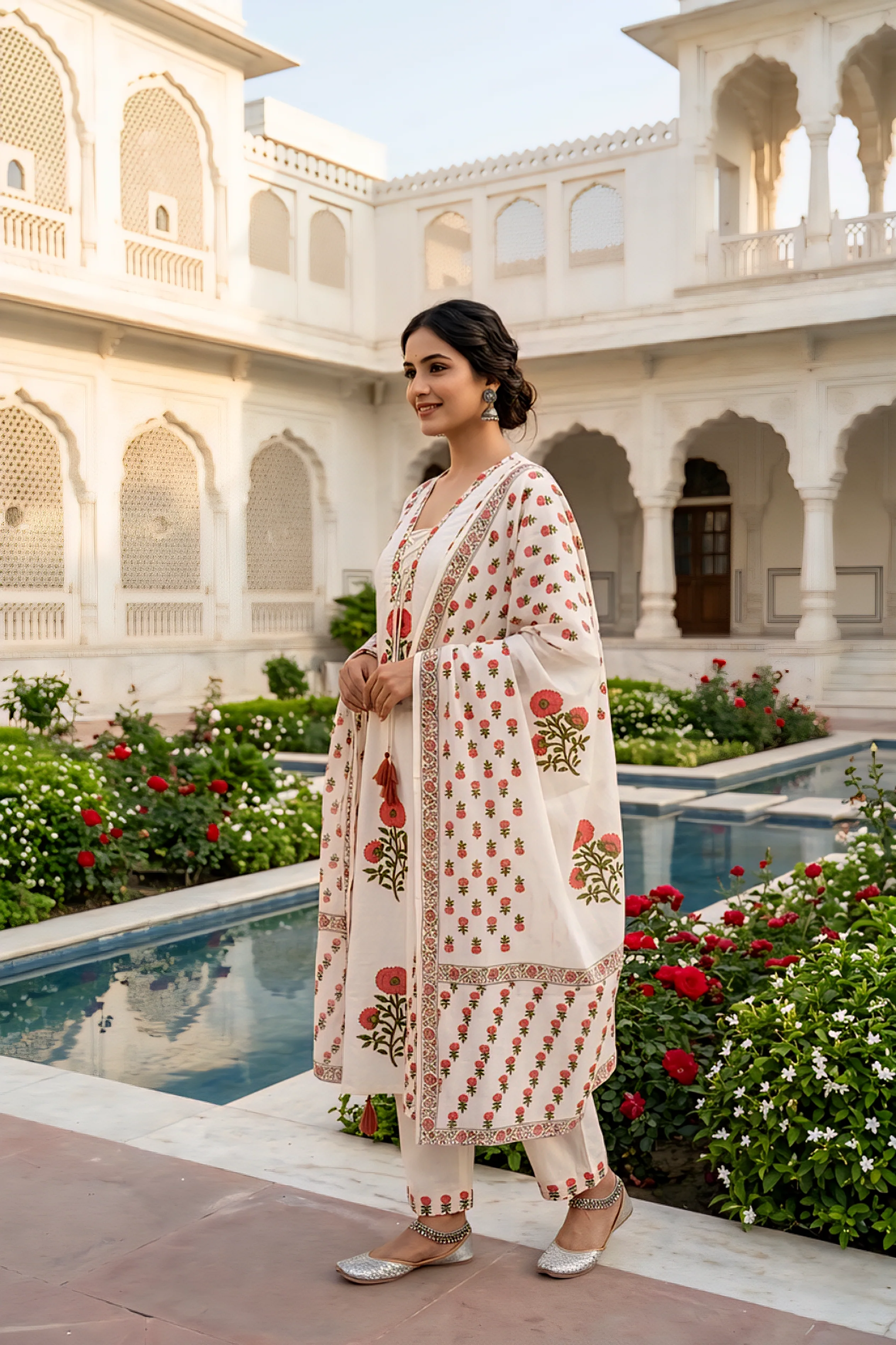 Off White Cotton Floral Digital Printed Three Piece Set - Image 2