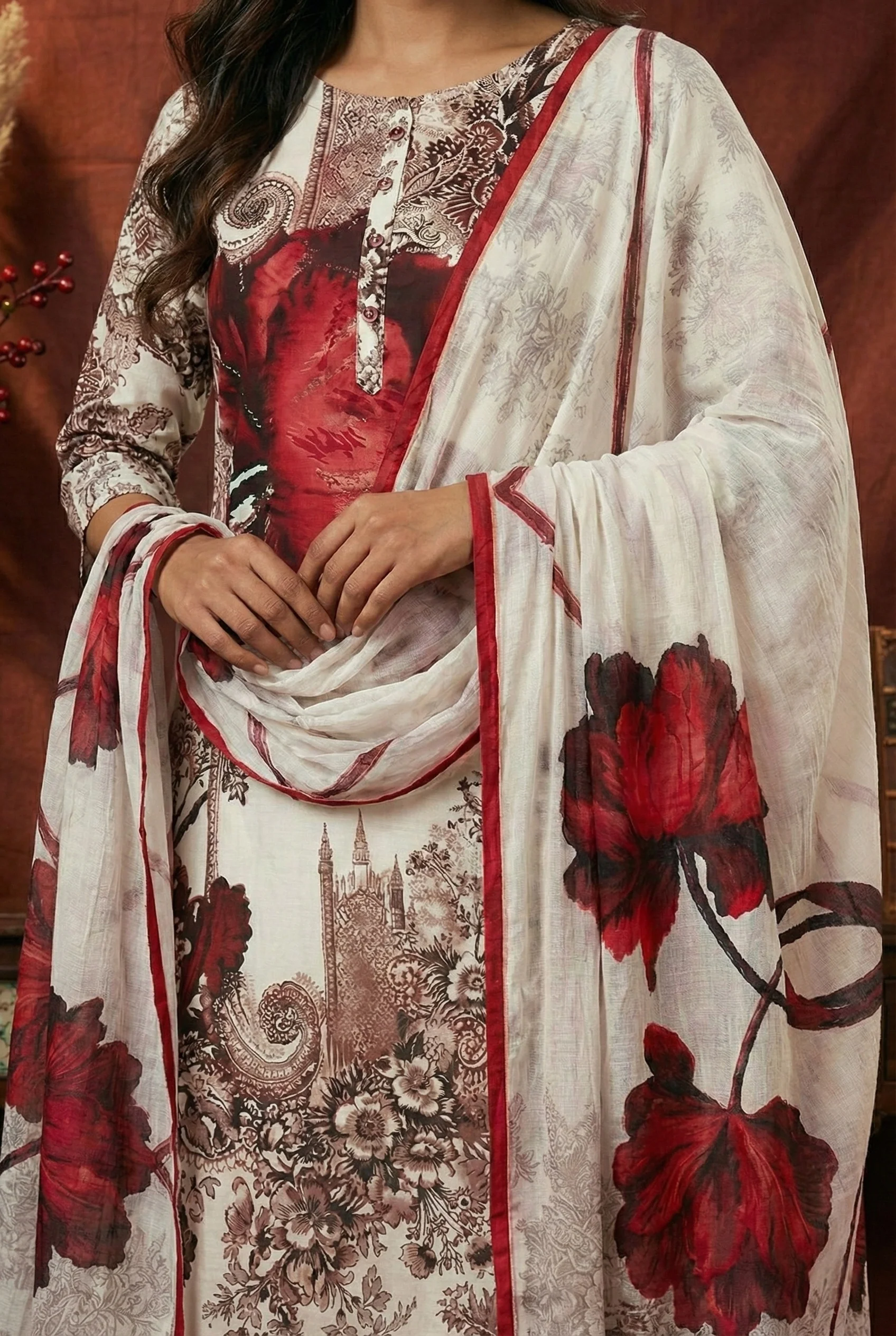 Off White Cotton Floral Digital Printed Three Piece Set - Image 5