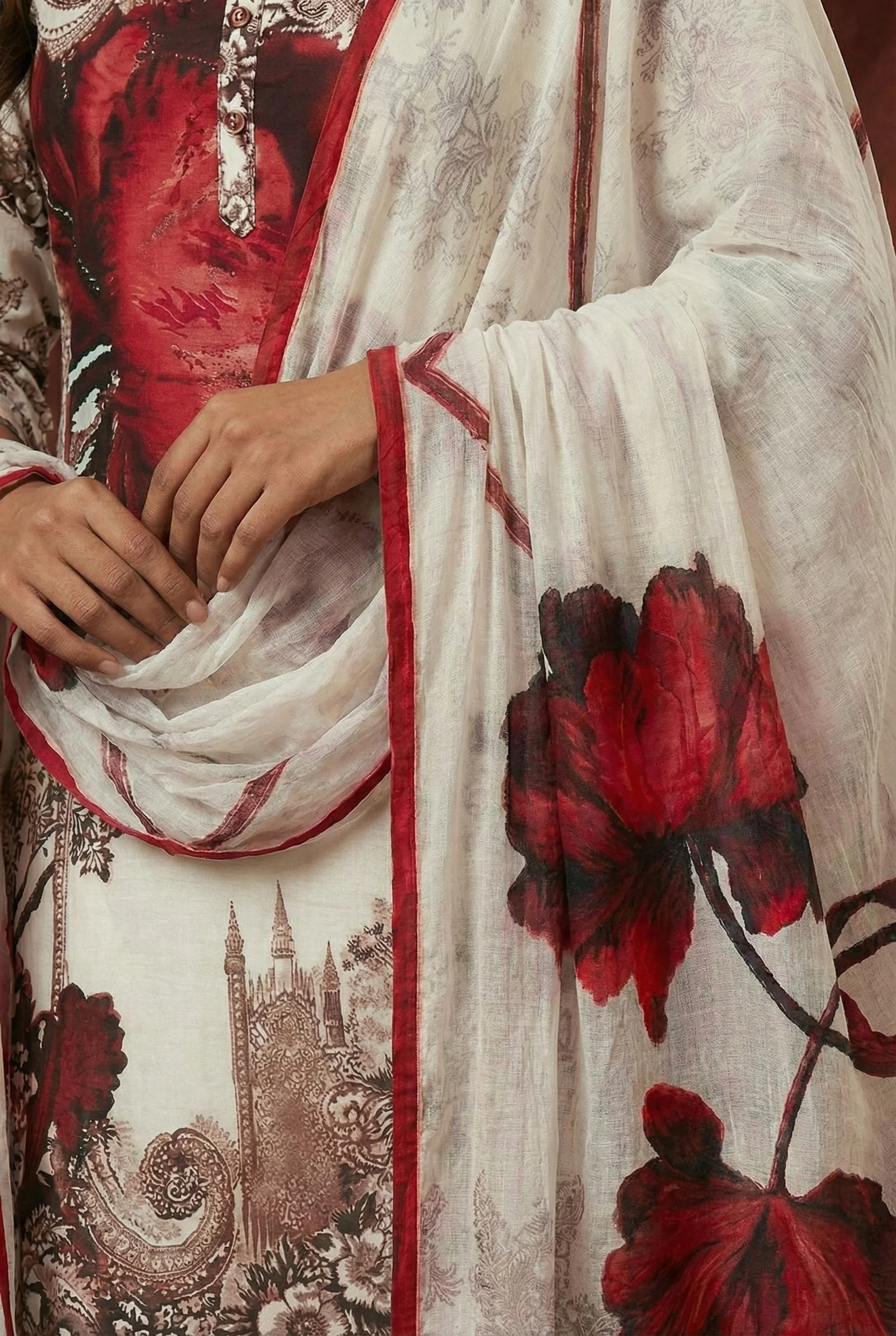 Off White Cotton Floral Digital Printed Three Piece Set - Image 6