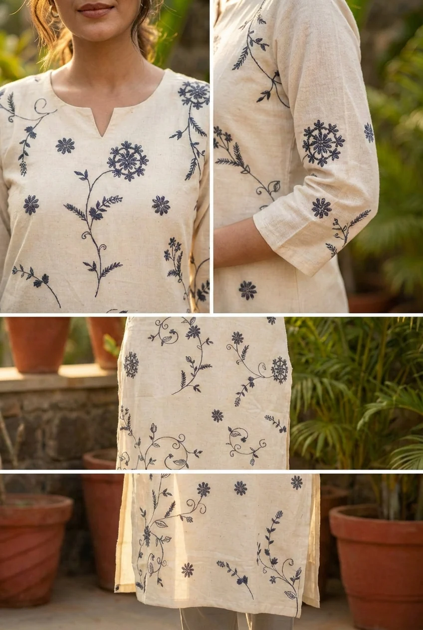 Off White Cotton Floral Hand Embroidery Kurta - Image 5