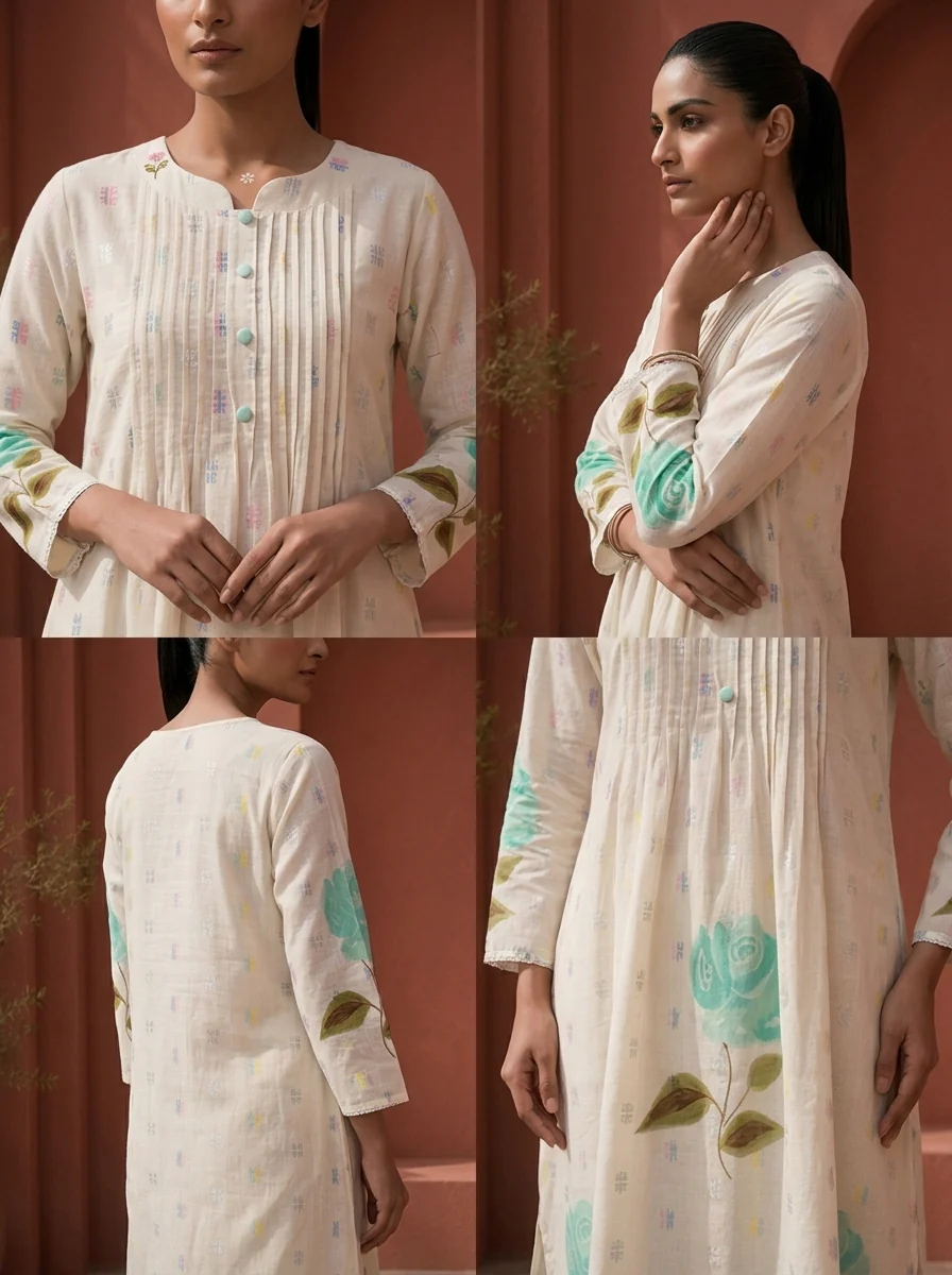 Off White Cotton Hand-Painted Floral Printed Two Piece Set - Image 5