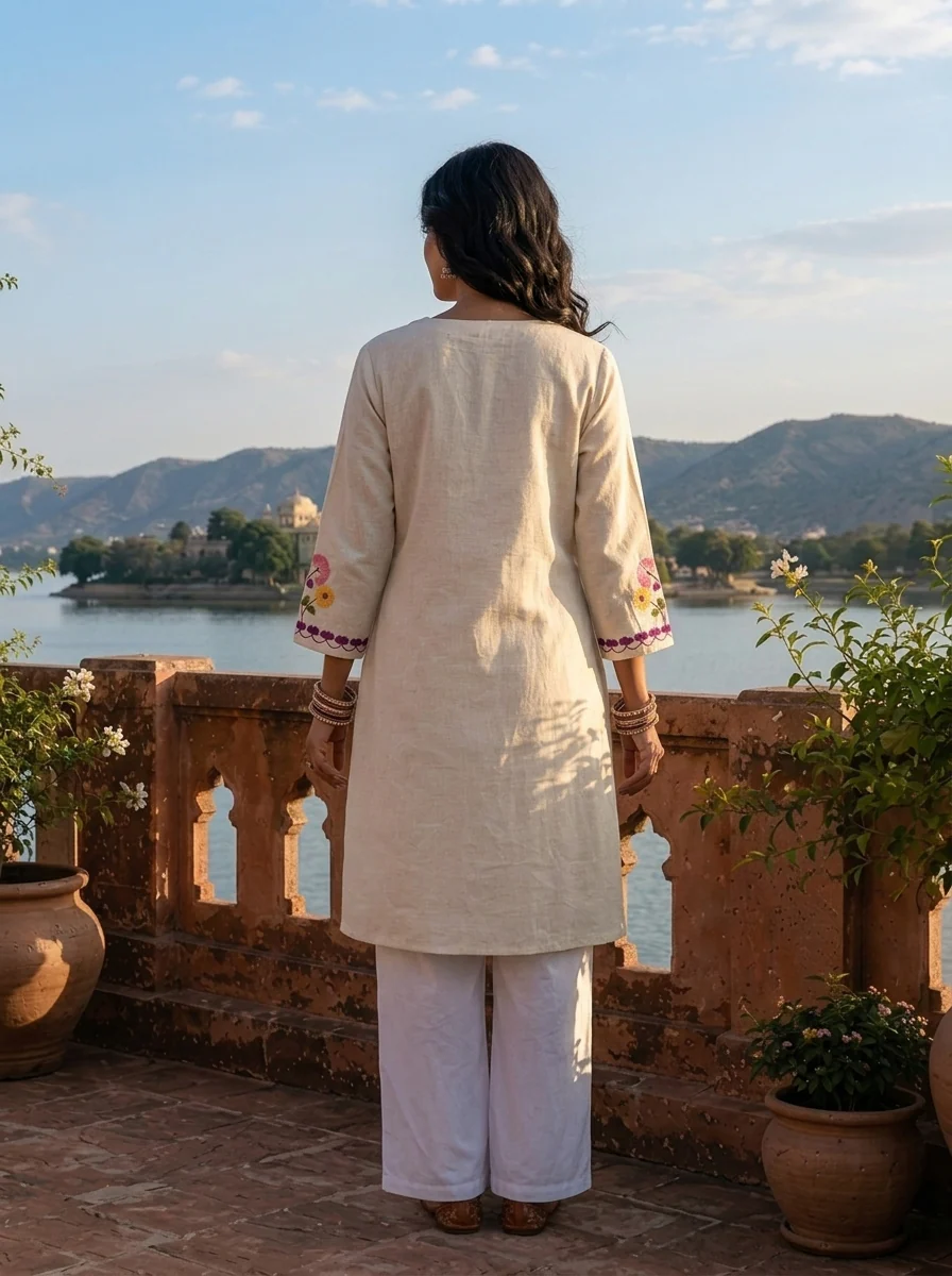 Off White Cotton Multicolor Floral Hand Embroidered Kurta - Image 2