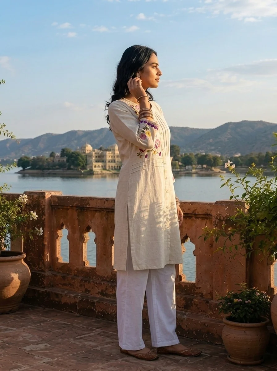 Off White Cotton Multicolor Floral Hand Embroidered Kurta - Image 3