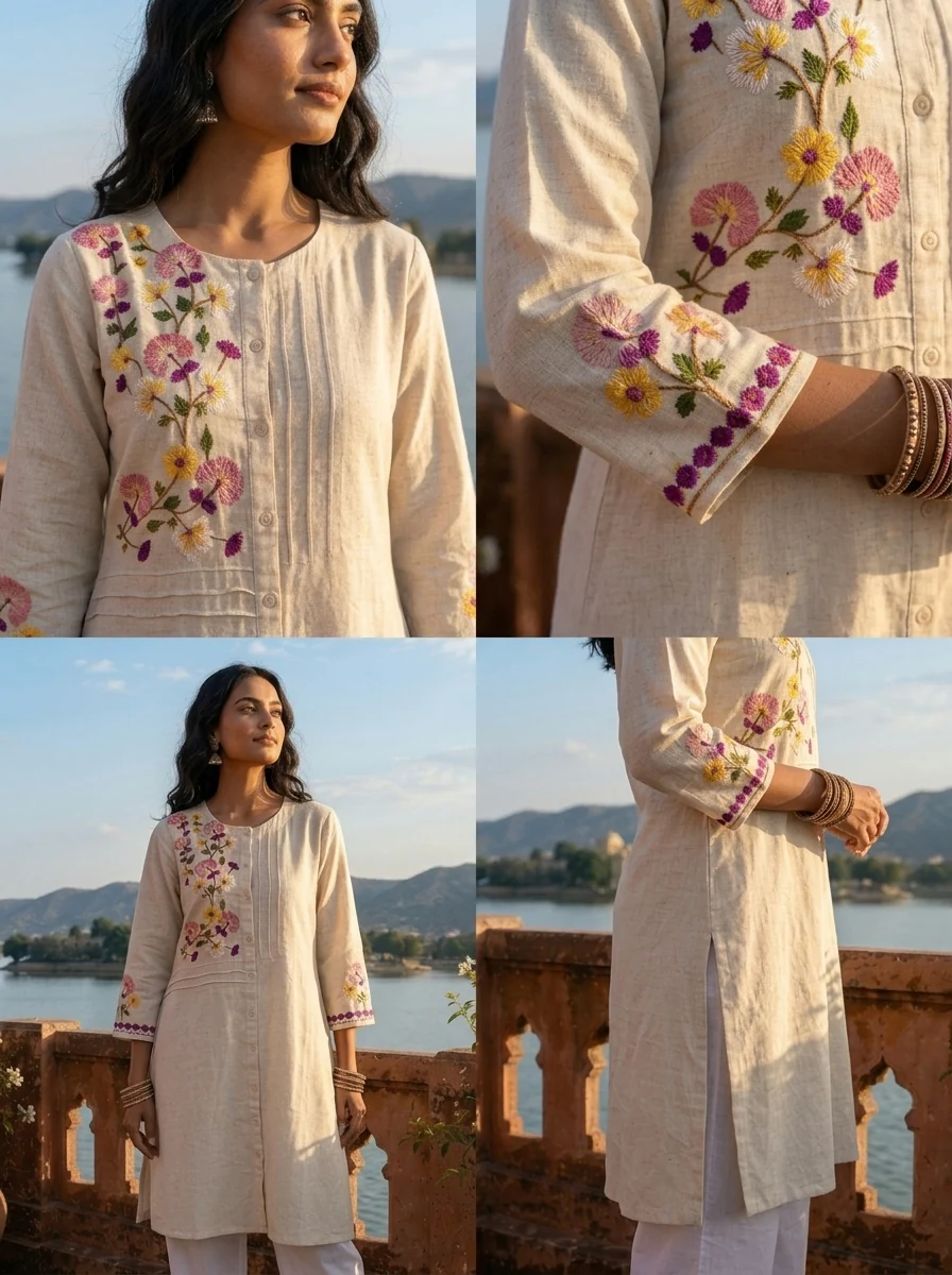 Off White Cotton Multicolor Floral Hand Embroidered Kurta - Image 5