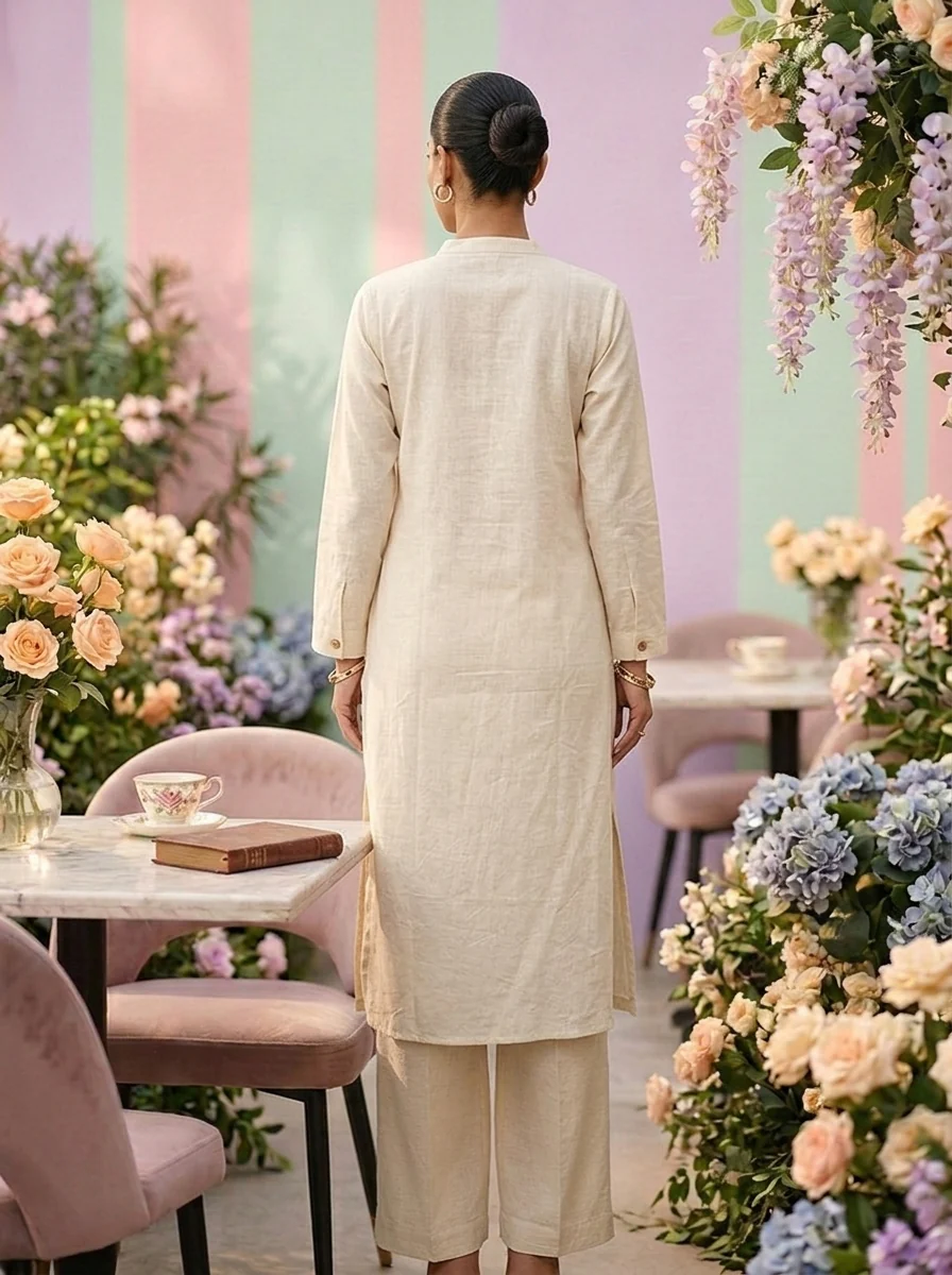 Off White Cotton Thread Embroidery Two Piece Set - Image 2