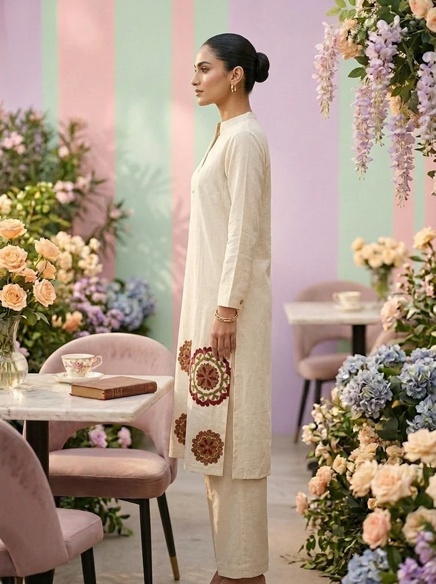 Off White Cotton Thread Embroidery Two Piece Set - Image 3