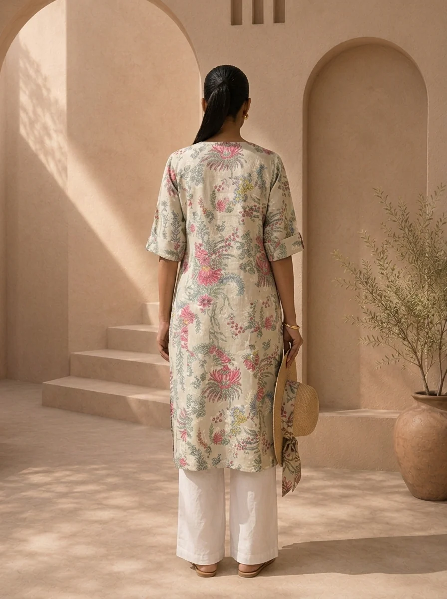 Off White Cotton Vintage Floral Printed Kurta - Image 2