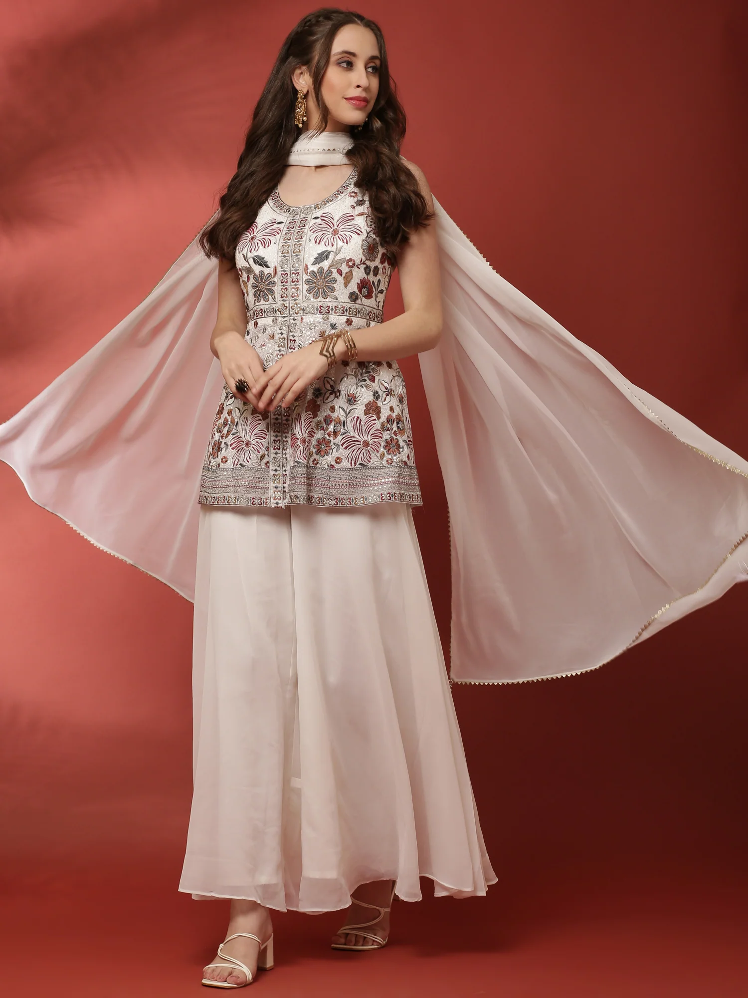 Off White Geogrette Peplum Palazzo Set With Embroiderey Work On Body - Image 5