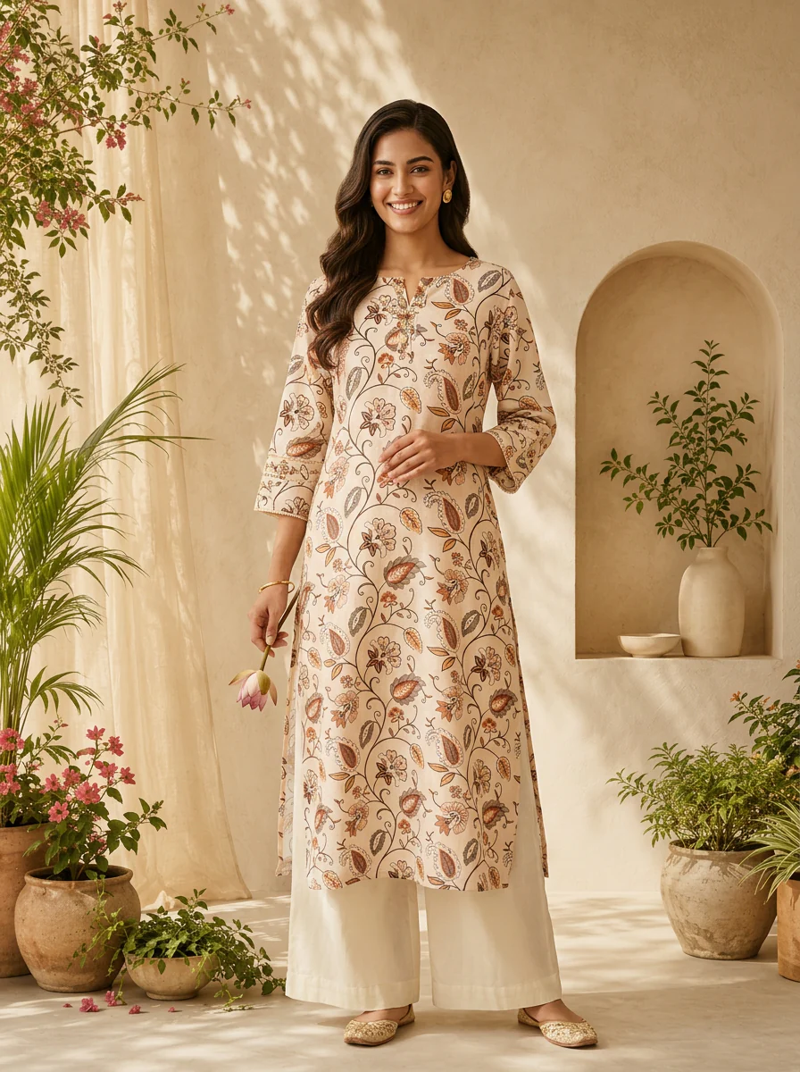 Off White Linen Floral Printed And Sequins Embroidery Kurta - Image 2