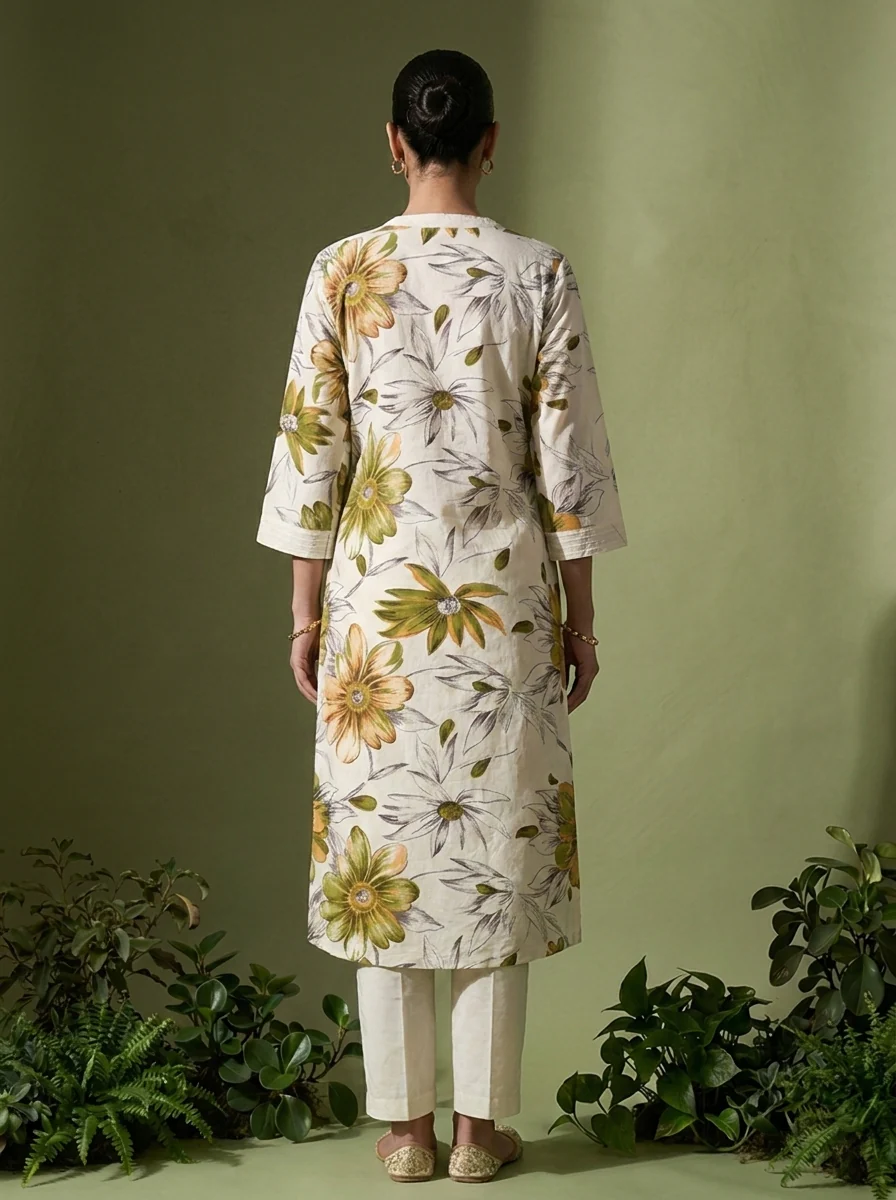 Off White Linen Floral Printed Two Piece Set - Image 2