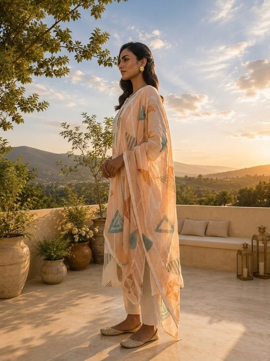Off White Linen Geometric Printed Three Piece Set - Image 3