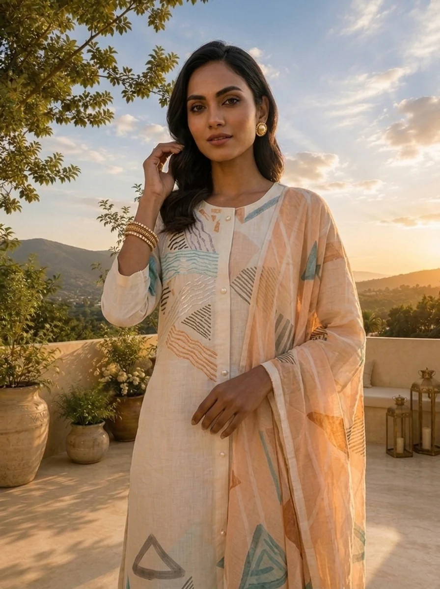 Off White Linen Geometric Printed Three Piece Set - Image 4