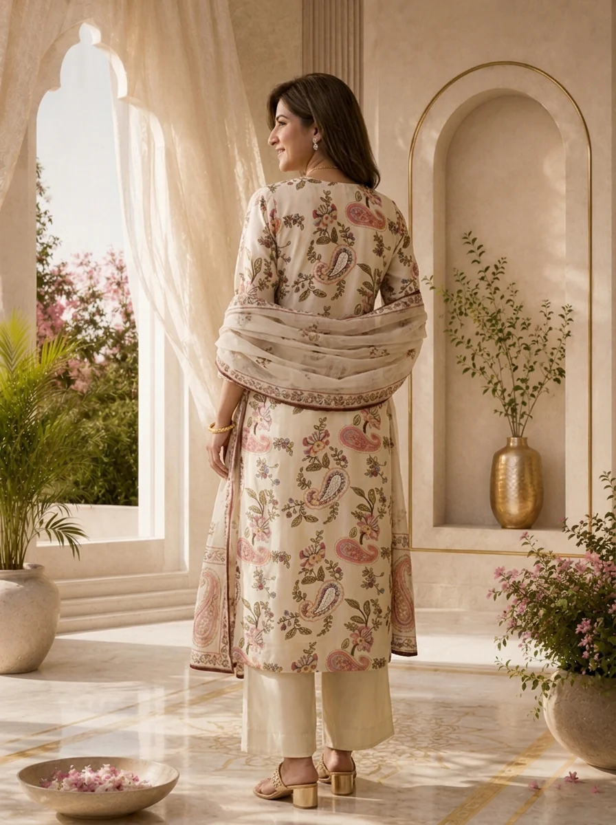 Off White Paisley Printed And Hand Embroidery Crepe Three Piece Set - Image 3