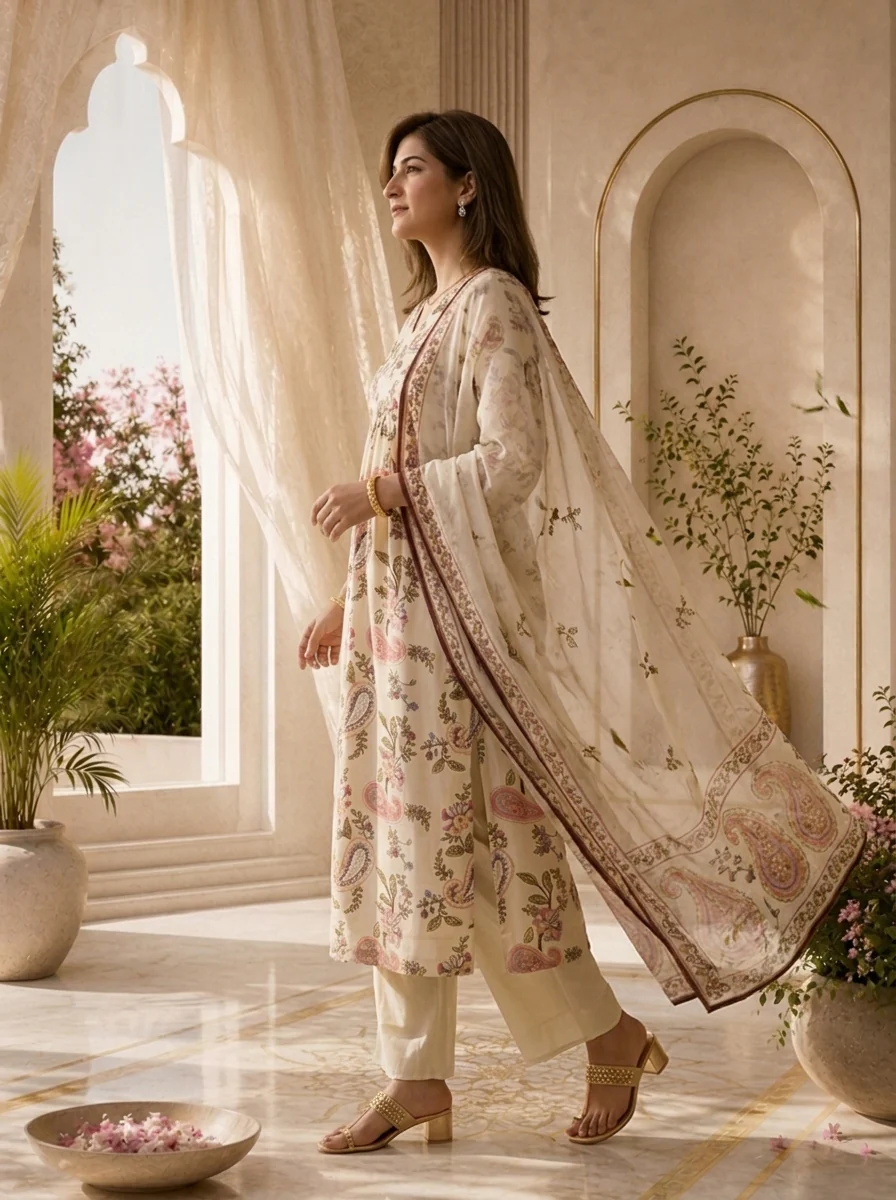 Off White Paisley Printed And Hand Embroidery Crepe Three Piece Set - Image 4
