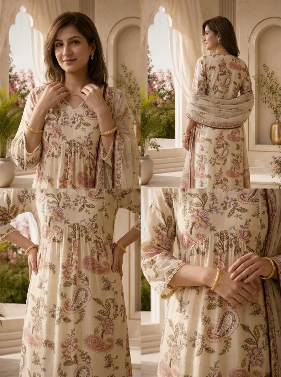 Off White Paisley Printed And Hand Embroidery Crepe Three Piece Set - Image 5