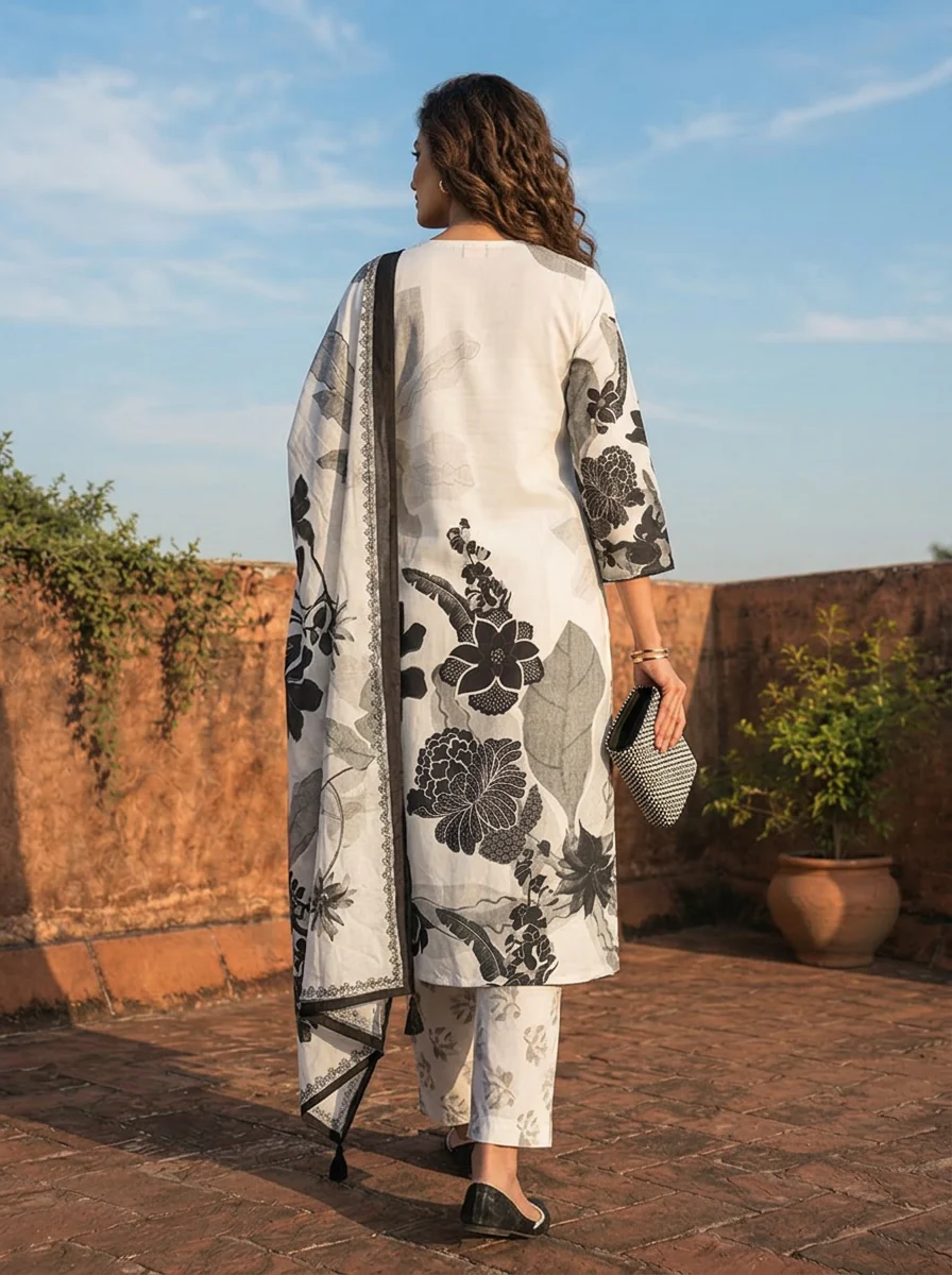 Off White Rayon Digital Abstract Floral Printed Three Piece Set - Image 2