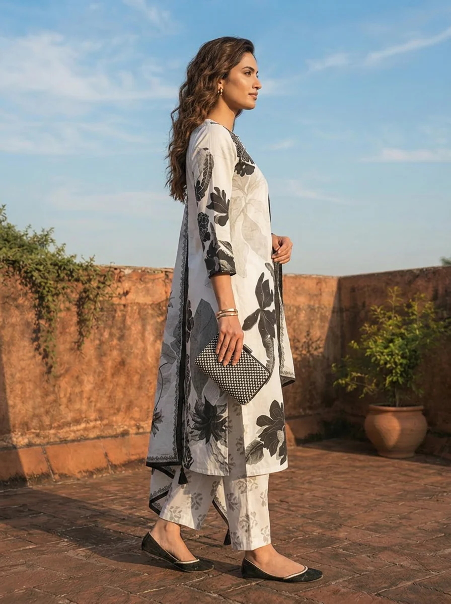 Off White Rayon Digital Abstract Floral Printed Three Piece Set - Image 3