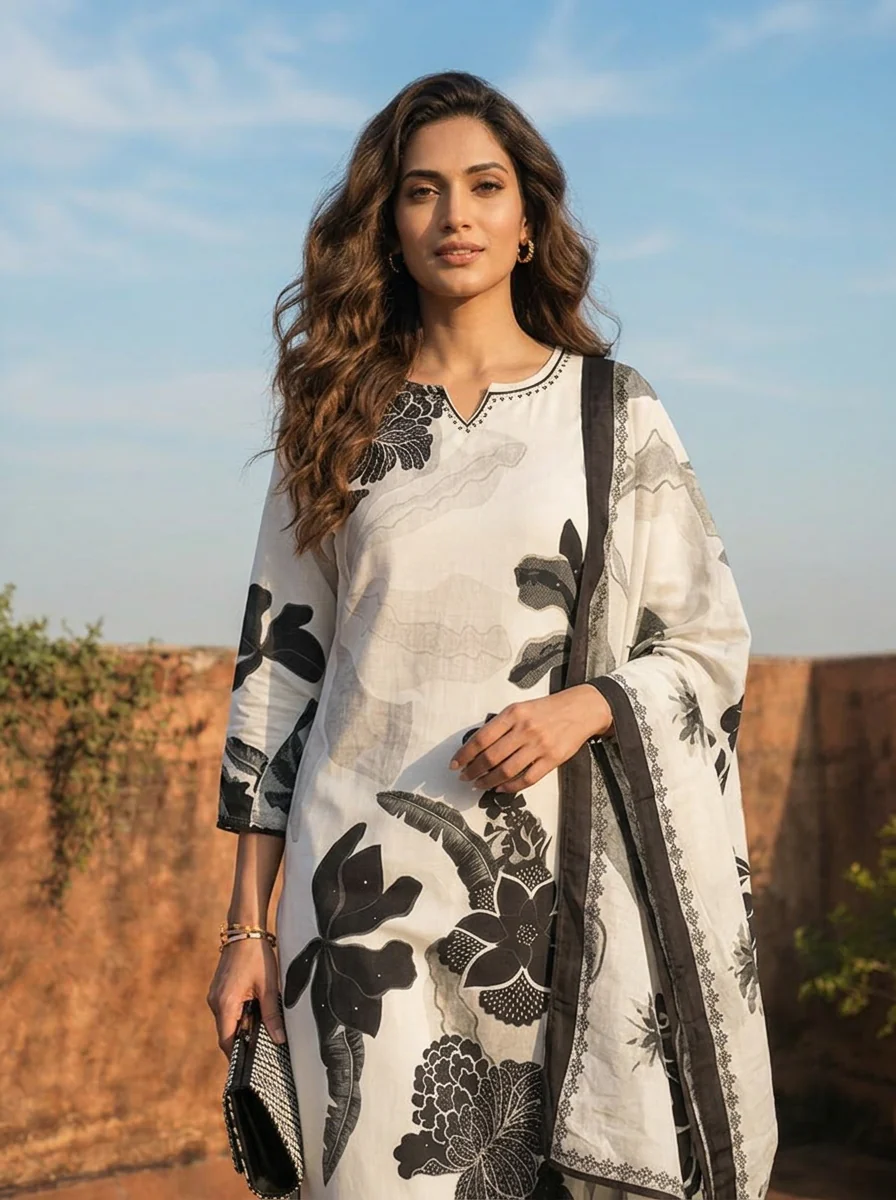 Off White Rayon Digital Abstract Floral Printed Three Piece Set - Image 4
