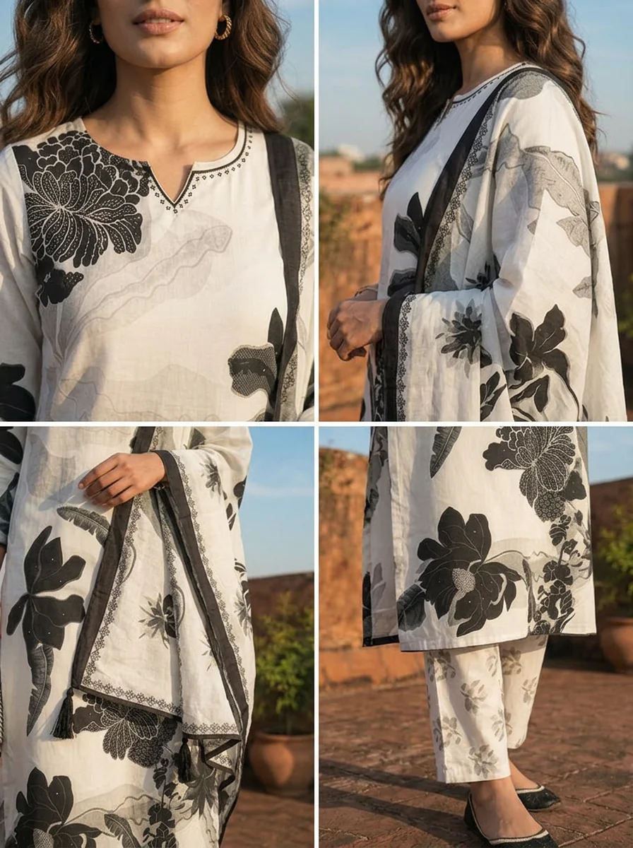Off White Rayon Digital Abstract Floral Printed Three Piece Set - Image 5