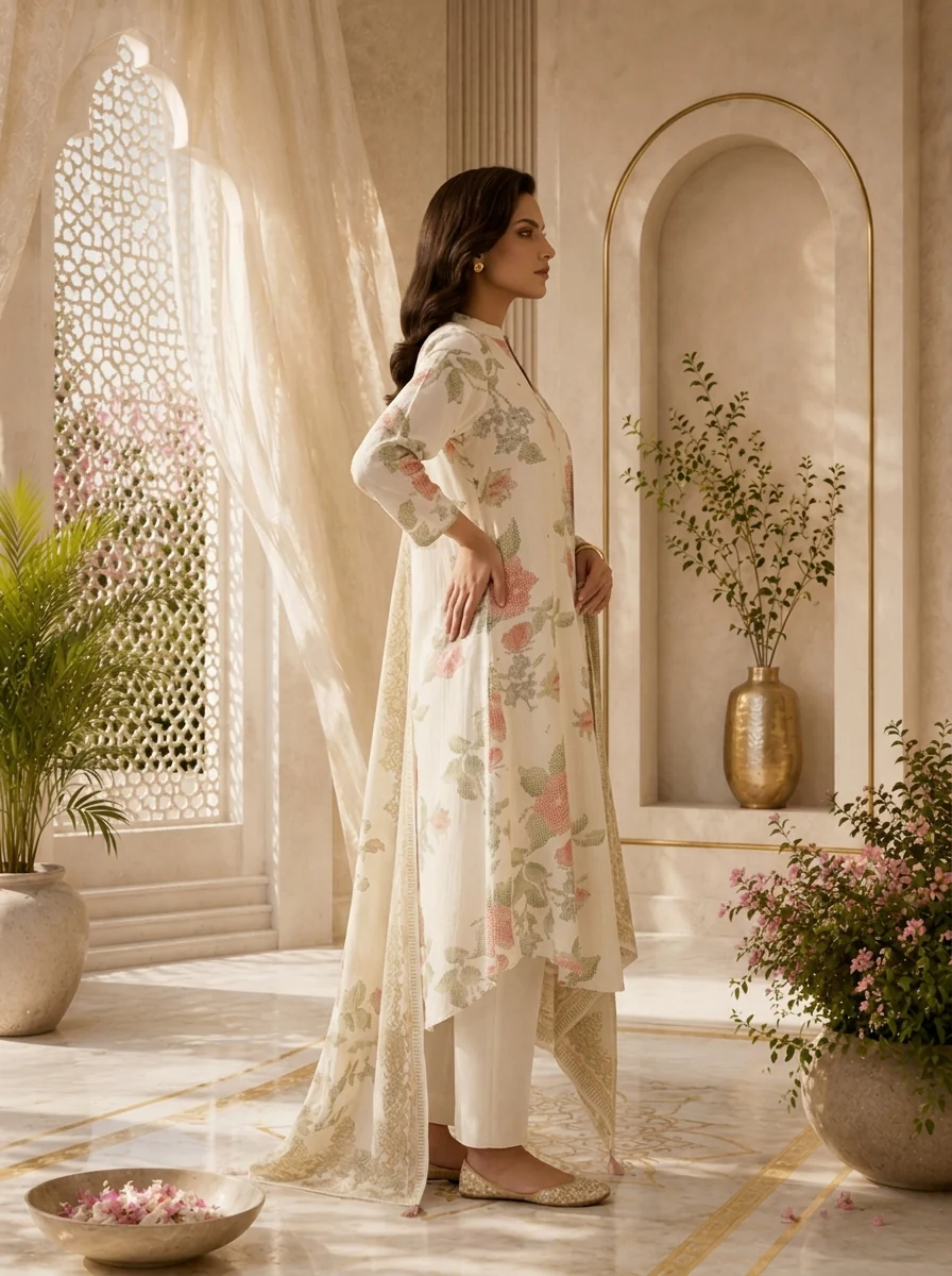 Off White Rayon Floral Printed Three Piece Set - Image 3