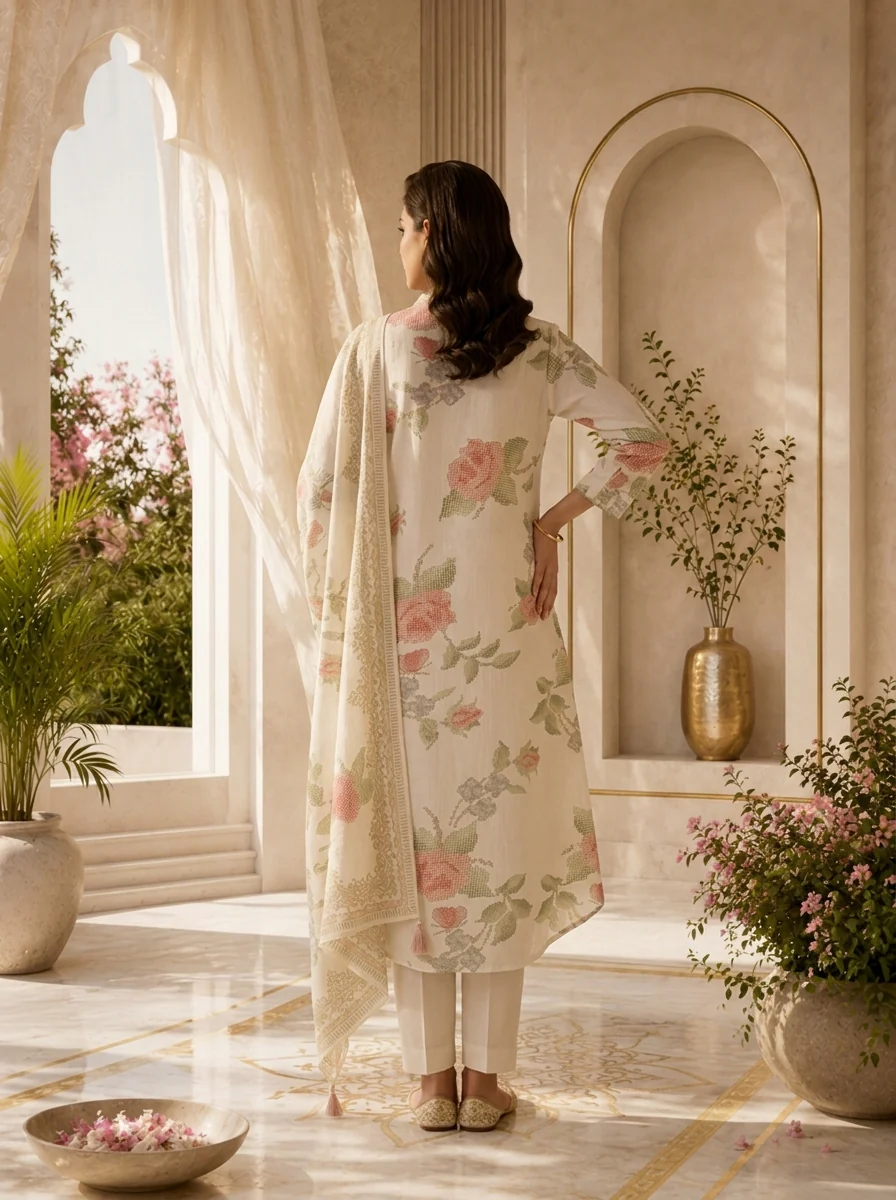 Off White Rayon Floral Printed Three Piece Set - Image 4