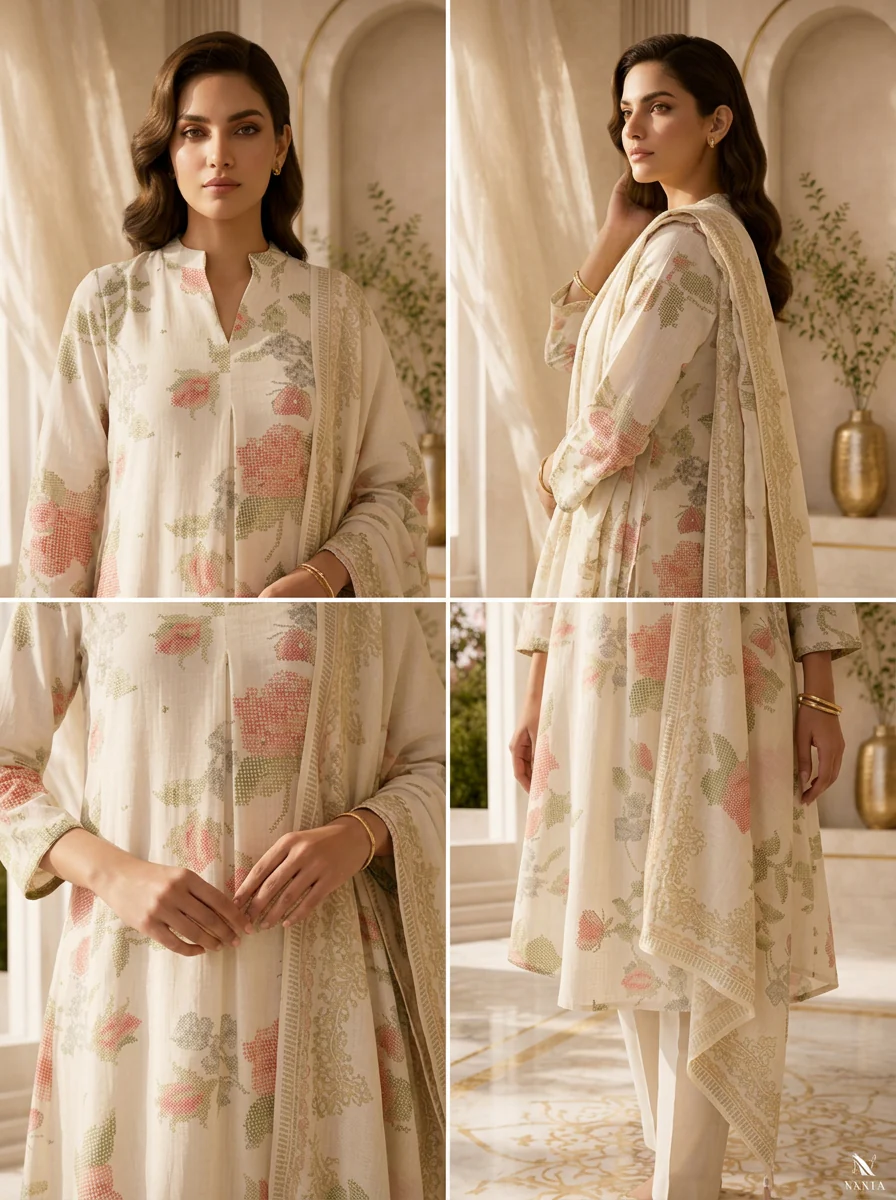 Off White Rayon Floral Printed Three Piece Set - Image 5