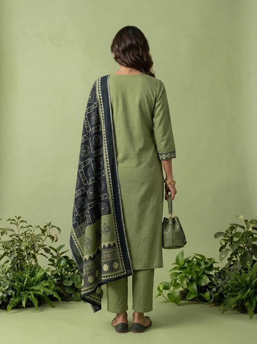 Olive Cotton Geometric Printed Three Piece Set - Image 2