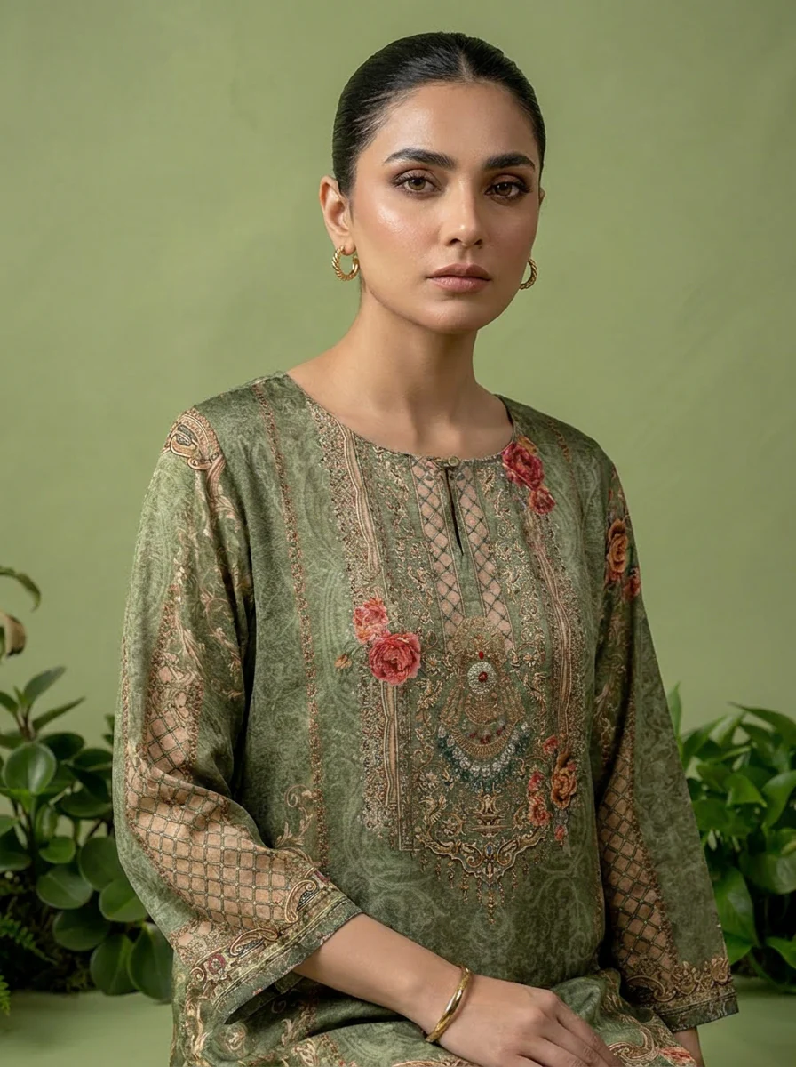Olive Crepe Floral And Paisley Printed Kurti - Image 4