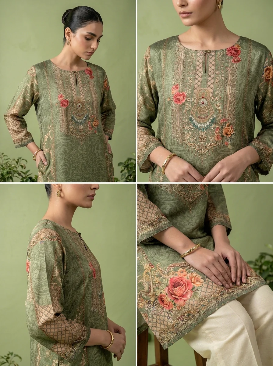 Olive Crepe Floral And Paisley Printed Kurti - Image 5
