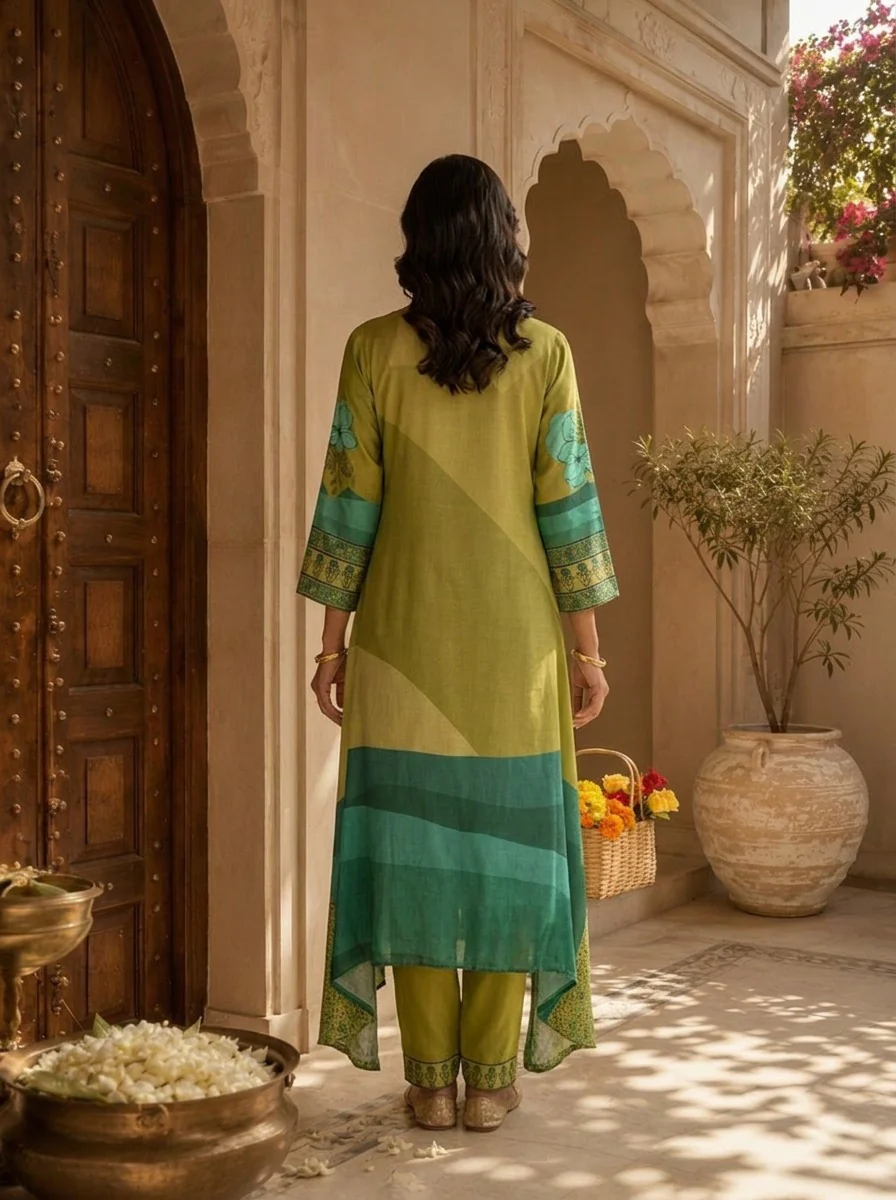 Olive Green Floral Print Muslin Two Piece Set - Image 3