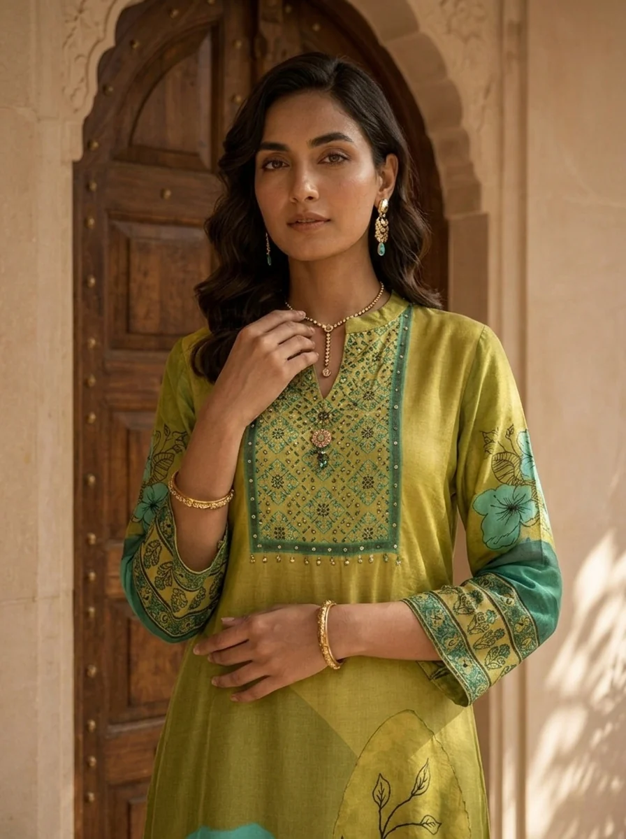Olive Green Floral Print Muslin Two Piece Set - Image 4