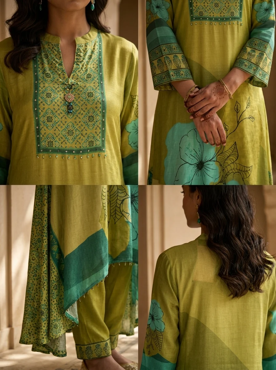 Olive Green Floral Print Muslin Two Piece Set - Image 5