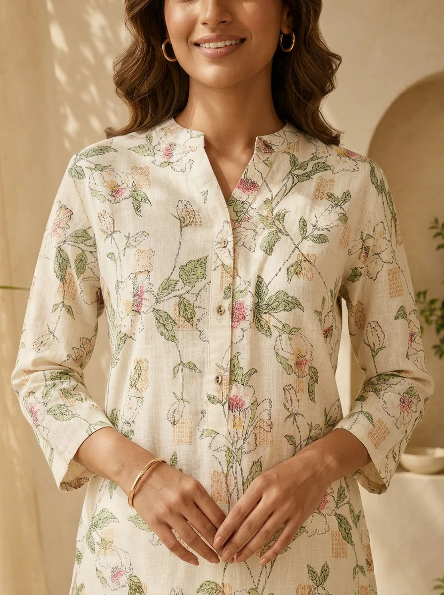 Olive Linen Printed Straight Kurta - Image 4