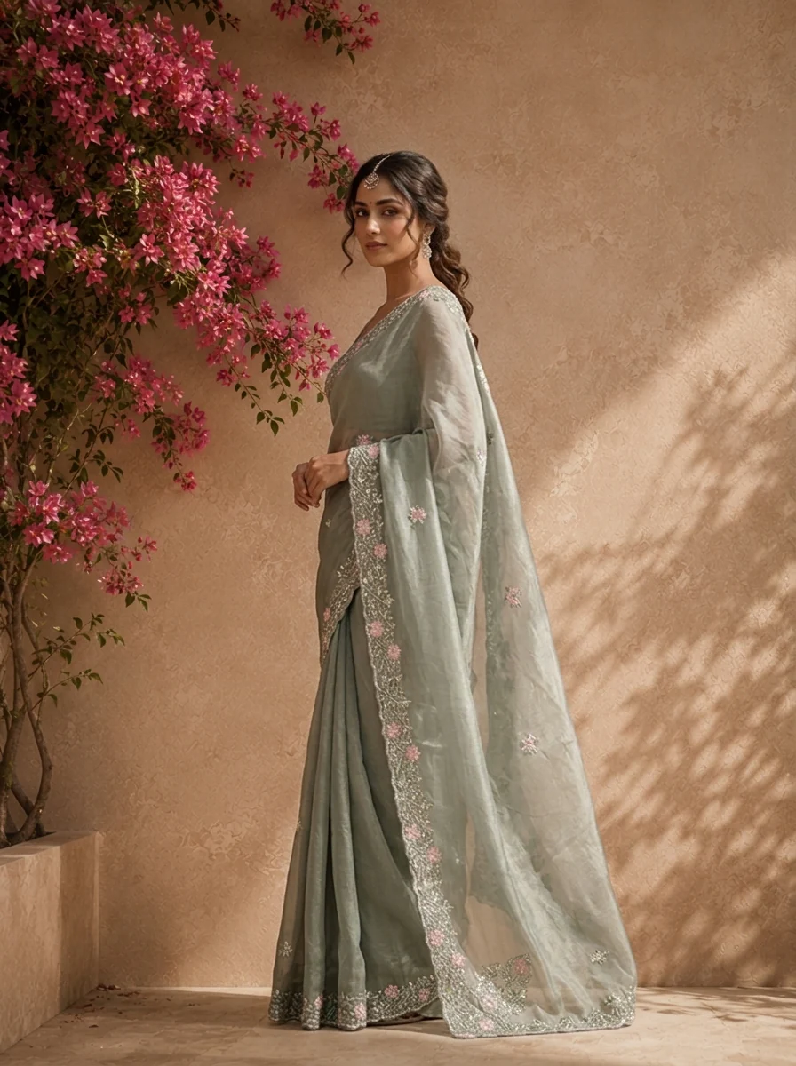 Olive Organza Saree With Scallop Floral Embroidered Border - Image 3