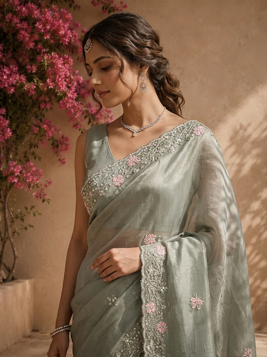 Olive Organza Saree With Scallop Floral Embroidered Border - Image 4